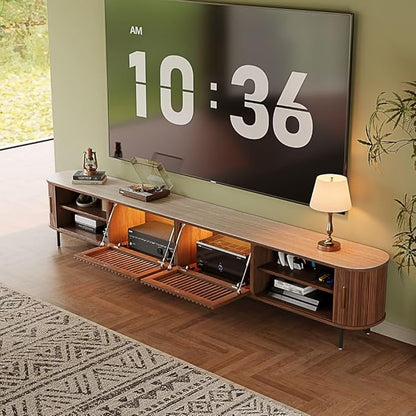 POVISON Fully-Assembled Mid Century Modern Black TV Stand with White Matte Travertine Stone Tabletop & LED Lights, Rolling Door Media Console, Wood TV Console for Living Room