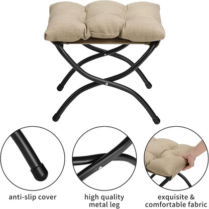 HollyHOME Fabric Lazy Chair with Foldable Ottoman, Accent Comfy Lounge Arm Chair and Folding Footrest Stool Set, Leisure Sofa Reading Chair and Footstool for Living Room, Bedroom, Dorm, Coffee&White