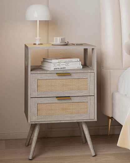 Rattan Nightstand,Farmhouse Bedside Table with 2 Storage Drawer and Open Wood Shelf, for Bedroom and Small Spaces,Night Stand with Solid Wood Legs (Grey Oak)