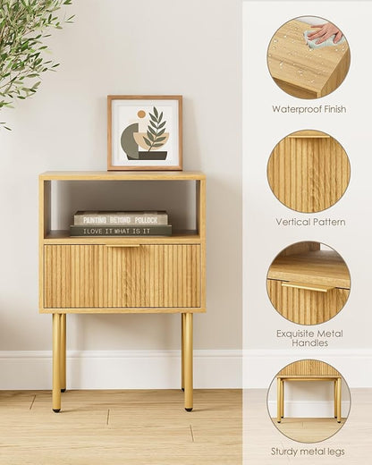 Nightstand,Morden Bedside Table with Gold Frame,Small White Night Stand,End Table,Bedside Furniture,Side Table with Drawer and Shelf for Bedroom,Living Room (1Drawer, Oak)