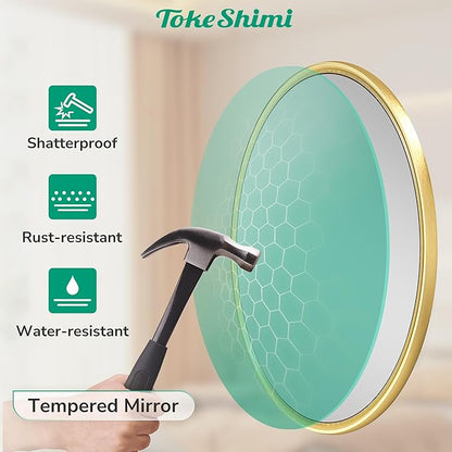 TokeShimi 30 in Round Framed Brushed Gold Mirror Bathroom Tempered, Shatterproof Mirror Circle 30x30 Farmhouse Aluminum Large Wall Mirrored for Vanity, Entryway, Bedroom, Restroom, Living Room