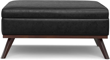SIMPLIHOME Owen 40 inch Wide Mid Century Modern Square XL Coffee Table Storage Ottoman in Distressed Black Vegan Faux Leather, Assembled, for The Living Room, Entryway and Family Room