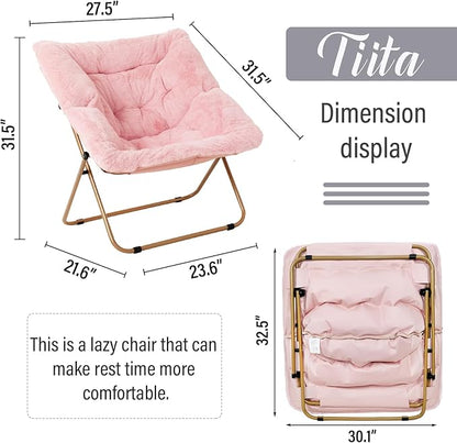Tiita Comfy Folded Chair, Soft Faux Fur Oversized Folding Accent Chair, Lounge Lazy Chair for Kids Teens Adults, Metal Frame Moon Chair for Bedroom, Living Room, Dorm Rooms, X-Large Pink