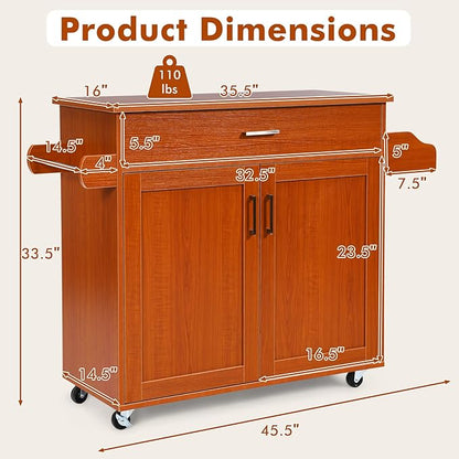 COSTWAY Kitchen Island Cart, Rolling Storage Trolley Cart with Lockable Rubber Wheels, Large Cabinet, Drawer, Spice Rack and Towel Rack, Kitchen Serving Utility, 3-Position Adjustable Shelf (Cherry)