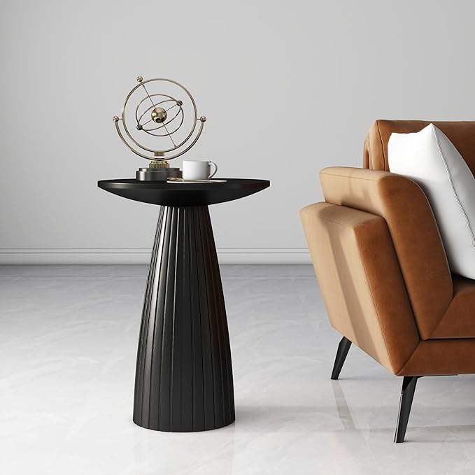 Black Pedestal Side Table 14.56'' Dia, Modern Accent End Table, Fluted Base Design, Minimalist Drink Table for Small Space Living Room, Bedroom