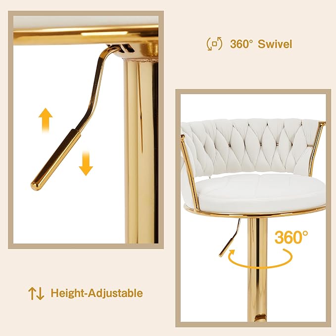 VECELO Bar Stools Set of 4, Modern Luxury Velvet Woven Counter Height Stools with Back and Arm, Gold Metal Leg & Base, 360 Swivel Bar Chair for Pubs Dining Room, White