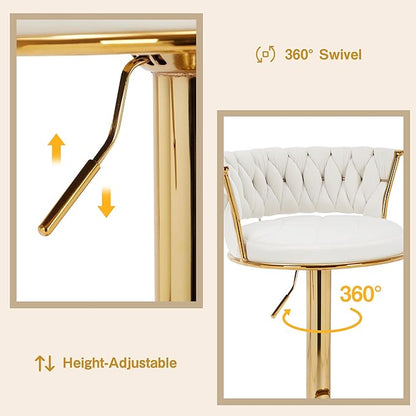 VECELO Bar Stools Set of 4, Modern Luxury Velvet Woven Counter Height Stools with Back and Arm, Gold Metal Leg & Base, 360 Swivel Bar Chair for Pubs Dining Room, White