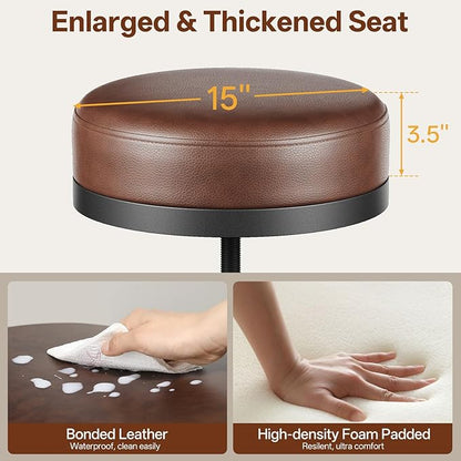 Adjustable Height Swivel Bar Stools Set of 2, 22-29 Inch Industrial Vintage Bar Counter Height Stools with Thicken Premium Bonded Leather Seats & Updated Footrests, Easy Assembly, Brown