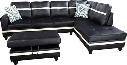 NicBex Sectional Couch 3 Pieces Sofa Set with Left Chaise PU Synthetic Leather L Shaped Cloud Couch for Living Room Furniture Sets with Storage Ottoman, Modular Sofa for Apartment, Black+White