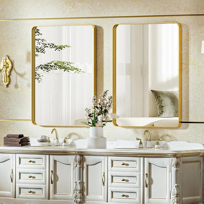 Bathroom Mirror 20x30 inch, Gold Gorgeous Deep Frame Wall Mirror, Modern Round Corner Bathroom Vanity Mirror for Bedroom, Living Room, Hanging or Leaning Horizontal or Vertical, Gold