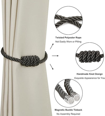 BEL AVENIR Magnetic Curtain Tiebacks, Decorative Drapery Holdbacks Modern Woven Tie-Backs with Exquisite Knot (Charcoal, 2 Pack)