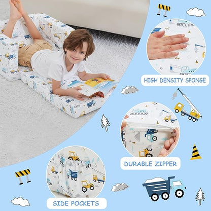 Viviland Kids Chairs for Toddler,2-in-1 Soft Toddler Couch Fold Out,Convertible Soft to Lounger Toddke Chair Comfy for Girls and Boys,White Bottom Excavator