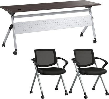 Bush Business Furniture Folding Training Table Set for 2, 72 inch, 2 Mesh Back Folding Chairs with Arms, Commercial-Grade Bundle for Office or Classroom, Envision Collection, Gray