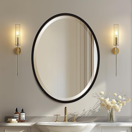 OVALCREST - Oval Wooden Beveled Wall Mirror for Home Decor, Bathroom, Vanity, Bedroom, Living Room, Hallway - London Style (Rubbed Black) 23.1 x 29.1