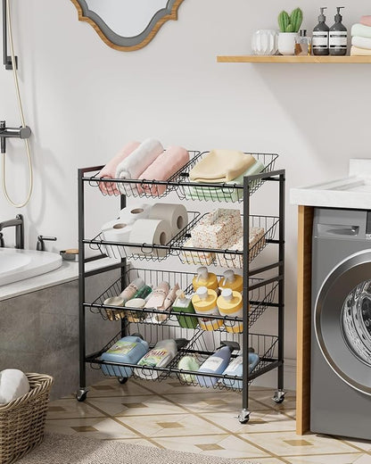 25.2''W Kitchen Storage Cart, Rolling Snack Cart, 4 Tier Fruit Basket Stand, Metal Pantry Storage with 8 Stackable Wire Baskets, Black