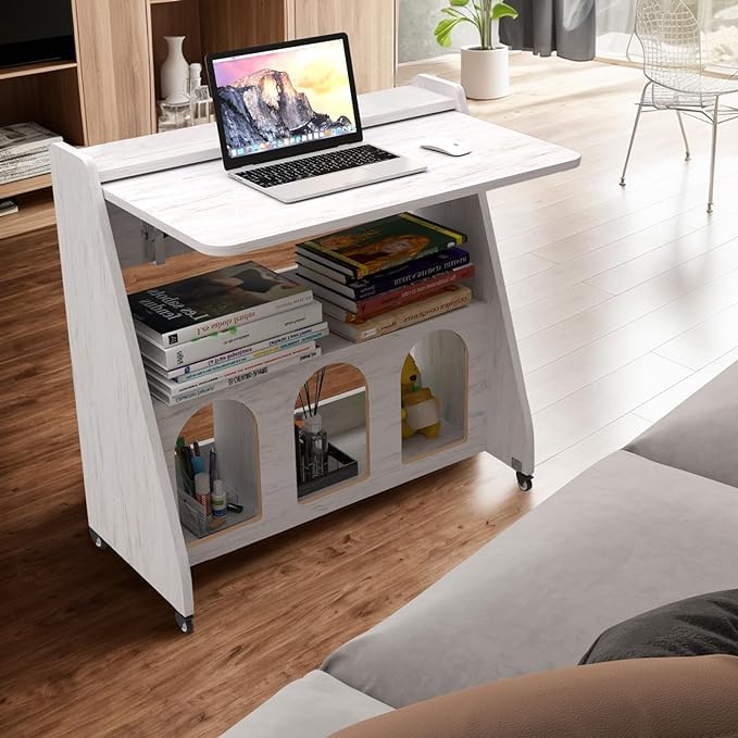 Pmnianhua Farmhouse Portable Desk on Wheels,Mobile Workstation,Rolling Computer Desk with Wheels and Storage for Home Office Small Space(White)