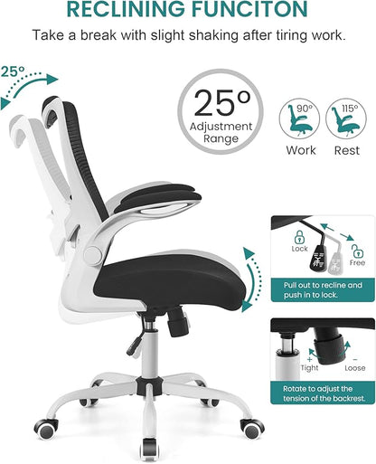 Office Chair, Ergonomic Desk Chair with Adjustable Lumbar Support and Flip up Armrest, Breathable Mesh Computer Chair for Home Office, White