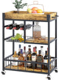 Bar Cart with Basket 3 Tiers Home Rolling Wine Rack with Wheels Mobile Kitchen Industrial Vintage Style Wood Metal Serving Trolley Serving Cart,Glass Holder Bar Cabinet