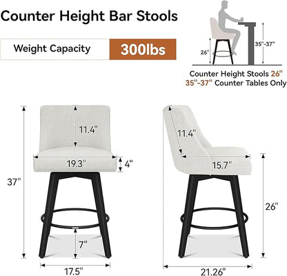 Counter Height Bar Stools Set of 8, Modern Swivel Barstools with Back and Wood Legs, Linen Fabric Upholstered Bar Chairs, 26" H Kitchen Counter Stools, Kitchen Island Home Bar, Ivory