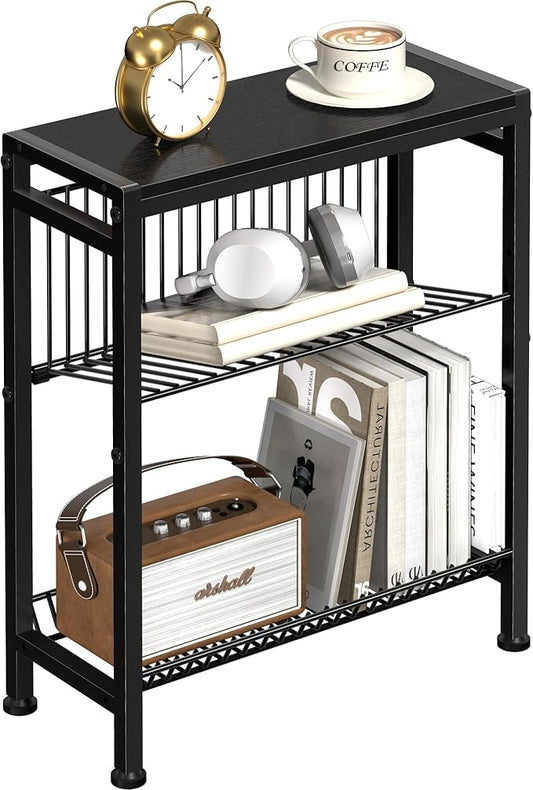 Narrow Side Table for Small Space, 3-Tier End Table with Magazine Holder, Slim Nightstand with Wire Shelf, Skinny Bedside Table in Living Room, Bedroom, Study, Kitchen and Balcony (Black)