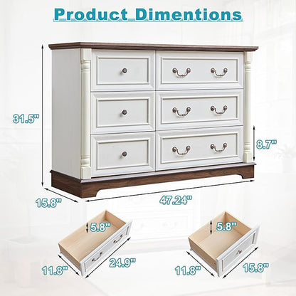 Farmhouse 6 Drawers Dresser for Bedroom, 47.24" Wide Wood Rustic Chest of Drawers with Roman Metal Handle, Tall Storage Dressers Organizer for Bedroom, Living Room, Hallway, Antique White