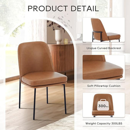 COLAMY Modern Dining Chairs Set of 4, Faux Leather Upholstered Kitchen Chairs with Curved Back & Metal Legs, Mid-Century Dining Room Chair (Brown)