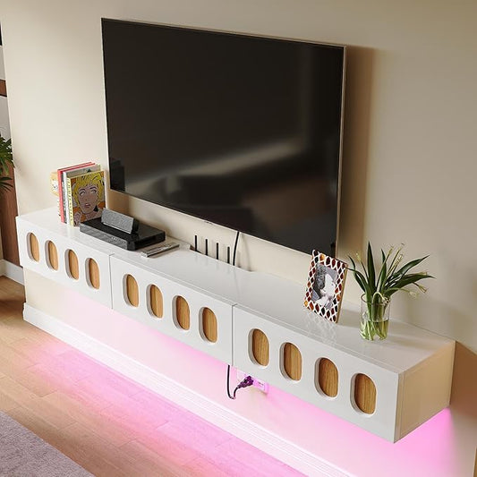 Floaticase Floating TV Stand, 70IN Fully Assembled High Gloss Wall Mounted Entertainment Center with Flip-Down Doors & Drawers, TV Console Under TV Shelf for Bedroom Livingroom