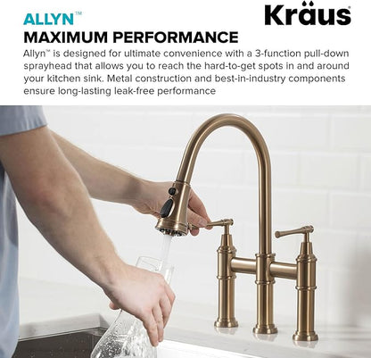 KRAUS Allyn Transitional Bridge Kitchen Faucet with Pull-Down Sprayhead in Brushed Gold, KPF-3121BG