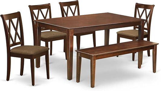 East West Furniture DUCL6-MAH-C 6 Piece Kitchen Table & Chairs Set Contains a Rectangle Dining Room Table and 4 Linen Fabric Dining Chairs with a Bench, 36x60 Inch, Mahogany