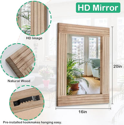 Rectangle Mirror Retro Wooden Wall-Mounted Mirrors Farmhouse Bedroom Bathroom Vanity Entrance Decorative Antique Hanging Mirror Large 20"x16"