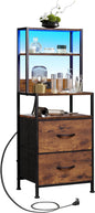 WLIVE Nightstand with Charging Station, LED Night Stand with 2 Drawers and 4 Storage Open Shelves, Fabric Dresser for Bedroom, Rustic Brown