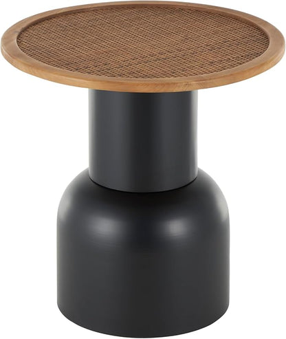 Deco 79 Metal Handmade Side End Accent Table Pedestal End Table with Brown Rattan Tabletop, Side Table 19" x 19" x 20", Black