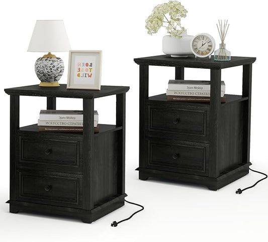Vipbear Farmhouse Nightstand 18" Dark Gray End Table with Charging Station & 2 Drawers, Rustic Bedside Table with Storage Shelf for Bedroom, Living Room,18.1" D x 18.1" W x 24.2" H, Set of 2