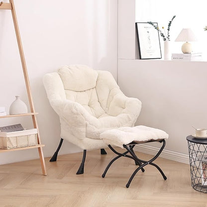 LITA Lazy Chair with Ottoman, Modern Accent Leisure Upholstered Sofa Chair, Lounge Reading Chair with Armrests and a Side Pocket for Living Room, Bedroom & Small Space, Plush Beige