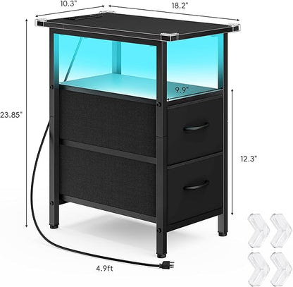 Vagusicc Set of 2 Black Nightstand with Charging Station and LED Lights, Narrow Side Table, LED Night Stand with 2 Fabric Drawers, Bedside Table Small End Table, Tall Nightstand for Bedroom, Black