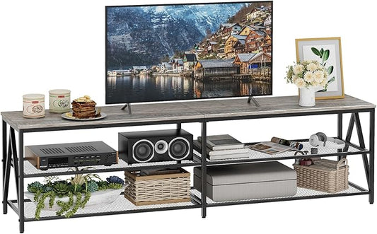 TV Stand for TVs up to 75 Inch, 70" Long Industrial TV Console Table with 3-Tier Storage Shelves, Entertainment Center for Living Room, Bedroom (Gray)