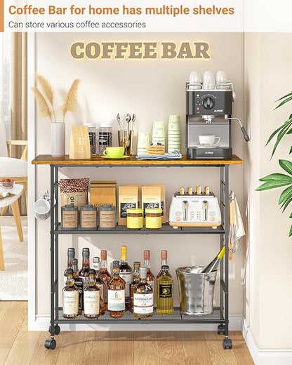 Kitchen Island with 3 Shelves, Rolling Kitchen Cart with 6 Hooks and Protective Shelf, Microwave Stand on Lockable Wheels, Bakers Rack Coffee Bar for Dining, Living Room, Outdoor, Metal Frame