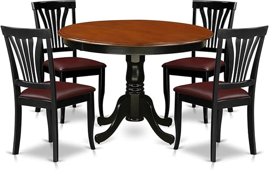 East West Furniture HLAV5-BCH-LC 5 Piece Modern Dining Table Set Includes a Round Wooden Table with Pedestal and 4 Faux Leather Dining Room Chairs, 42x42 Inch, Black & Cherry