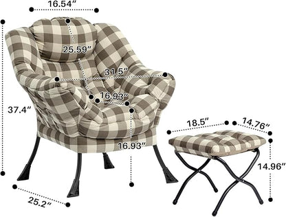 HollyHOME Fabric Lazy Chair with Foldable Ottoman, Accent Lounge Arm Chair and Folding Footrest Stool Set, Leisure Sofa Reading Chair and Footstool for Living Room, Bedroom, Dorm, Beige&Coffee Grid