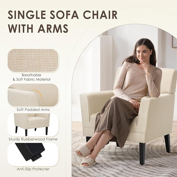 COLAMY Accent Chair Set of 2 for Living Room, Modern Upholstered Fabric Accent Armchair with Back, Soft Single Sofa Chair with Arms for Bedroom/Office/Reception Room, Oatmeal