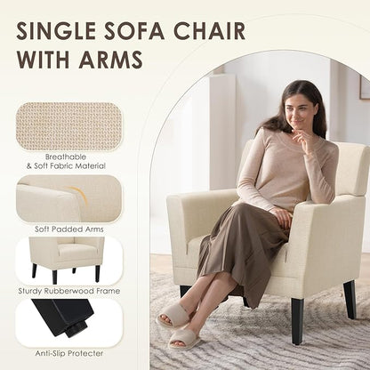 COLAMY Modern Accent Chair for Living Room, Upholstered Fabric Accent Armchair with Back, Soft Single Sofa Chair with Arms for Bedroom/Office/Reception Room, Oatmeal