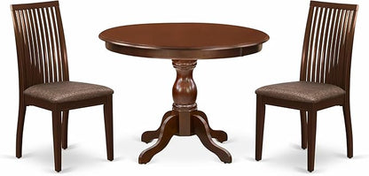 East West Furniture HBIP3-MAH-C 3 Piece Dining Room Furniture Set Contains a Round Kitchen Table with Pedestal and 2 Linen Fabric Upholstered Dining Chairs, 42x42 Inch, Mahogany