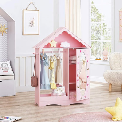 UTEX Kids Dress Up Storage with Mirror, Kids Wardrobe Closet, Dress Up Armoire for Little Girls, Open Hanging Costume Organizer with Storage Cabinet for Kids Room, Playroom
