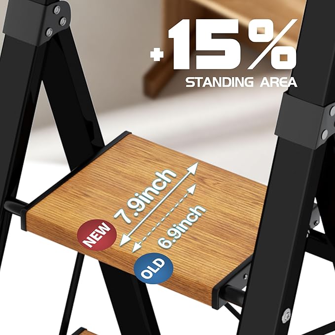 5 Step Ladder, Lightweight Folding Step Stool with Anti-Slip Aluminum Wide Pedal& Convenient Handgrip, 330lbs Capacity Steel Ladder for Household and Office (Black&Woodgrain)