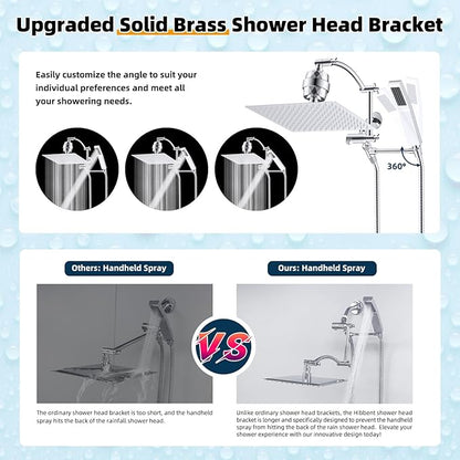 Hibbent All Metal 12'' Filtered Rainfall Shower Head with Handheld Combo, High Pressure Shower Wand, 16'' Adjustable Arc Extension Arm, 20 Stage Shower Filter, 71'' Hose, Shower Head Holder, Chrome