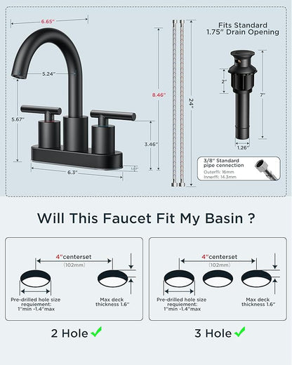 FORIOUS 4 Inch Centerset Bathroom Faucet Black 2 Hole, Two Handle Matte Black 4 Inch Faucet for Bathroom Sink Centerset with Metal Dain, Supply Line, and 360° Rotating Spout Rv Basin Tap