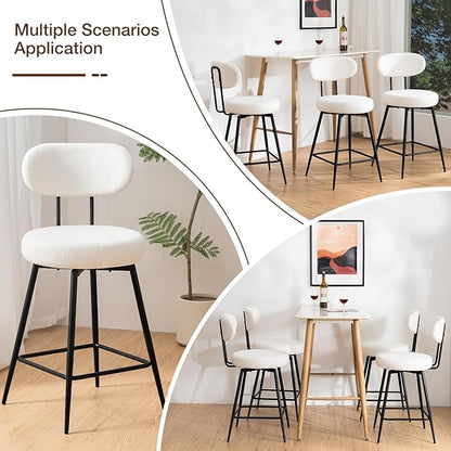 HOMMPA Counter Height Swivel Bar Stools Set of 2 Boucle Barstools 26'' Upholstered Modern Counter Barstools with Back Metal Legs Bar Stools Chairs for Kitchen Counter Island White