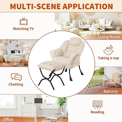 IDEALHOUSE Lazy Chair with Ottoman - Modern Living Room Chairs for Small Spaces, Ergonomic Reading Chair with Armrests, Comfy Chair with Ottoman for Bedroom & Living Room, Beige