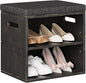 Bamboo Small Shoe Bench for Entryway 2 Tier Shoe Storage Bench with Cushion Adjustable Shoe Rack with Padded Seat for Living Room Hallway (Antique Black)