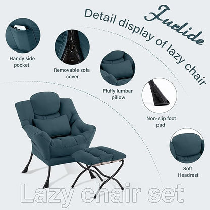 Lazy Chair with Ottoman, Modern Lounge Chair with Lumbar Pillow, Accent Cozy Reading Armchair and Folding Footstool for Bedroom, Dorm, Living Room,Peacock Blue